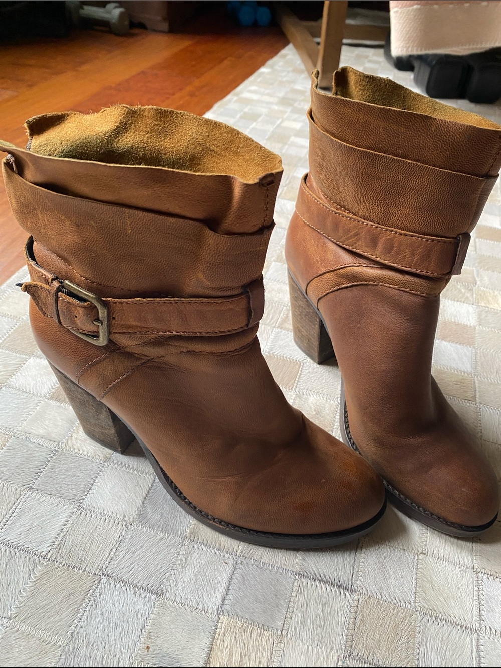 Women’s Tan Leather Slouch Ankle Boots with Buckle Detail